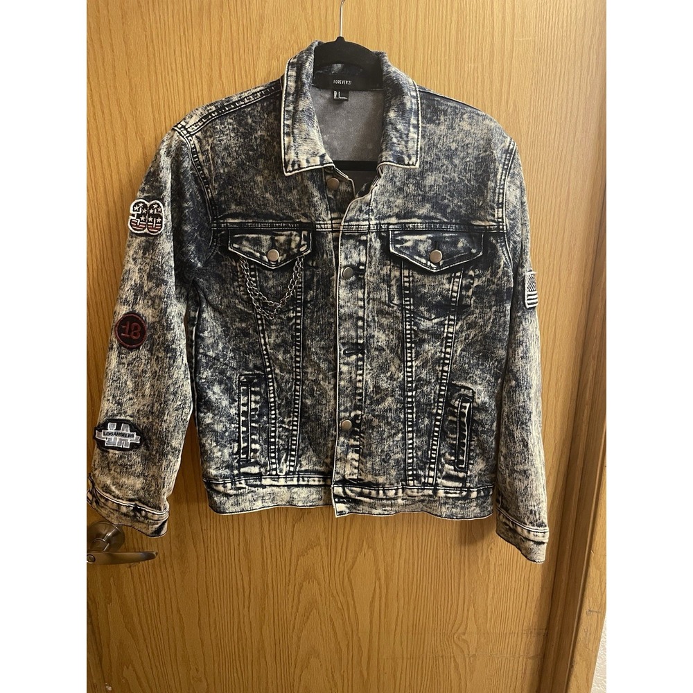Forever 21 Acid Wash Denim Jean Jacket Patches Size Small Grunge